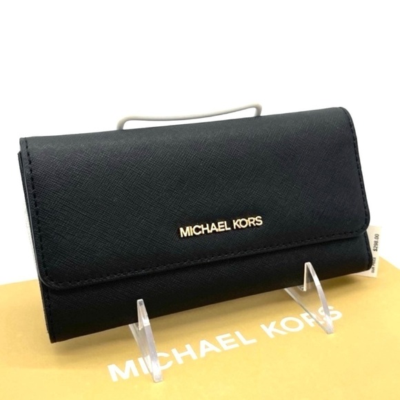 Michael Kors Large Jet Set Travel Trifold Wallet Black/Gold - Picture 1 of 7